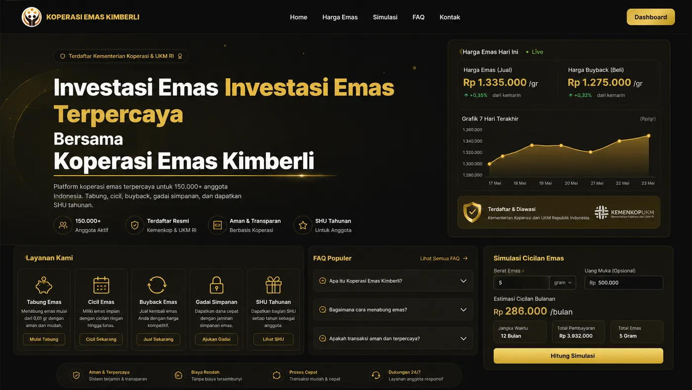 Koperasi Emas Kimberli — Platform investasi emas koperasi: tabungan, cicil emas, gadai simpanan & simulasi real-time