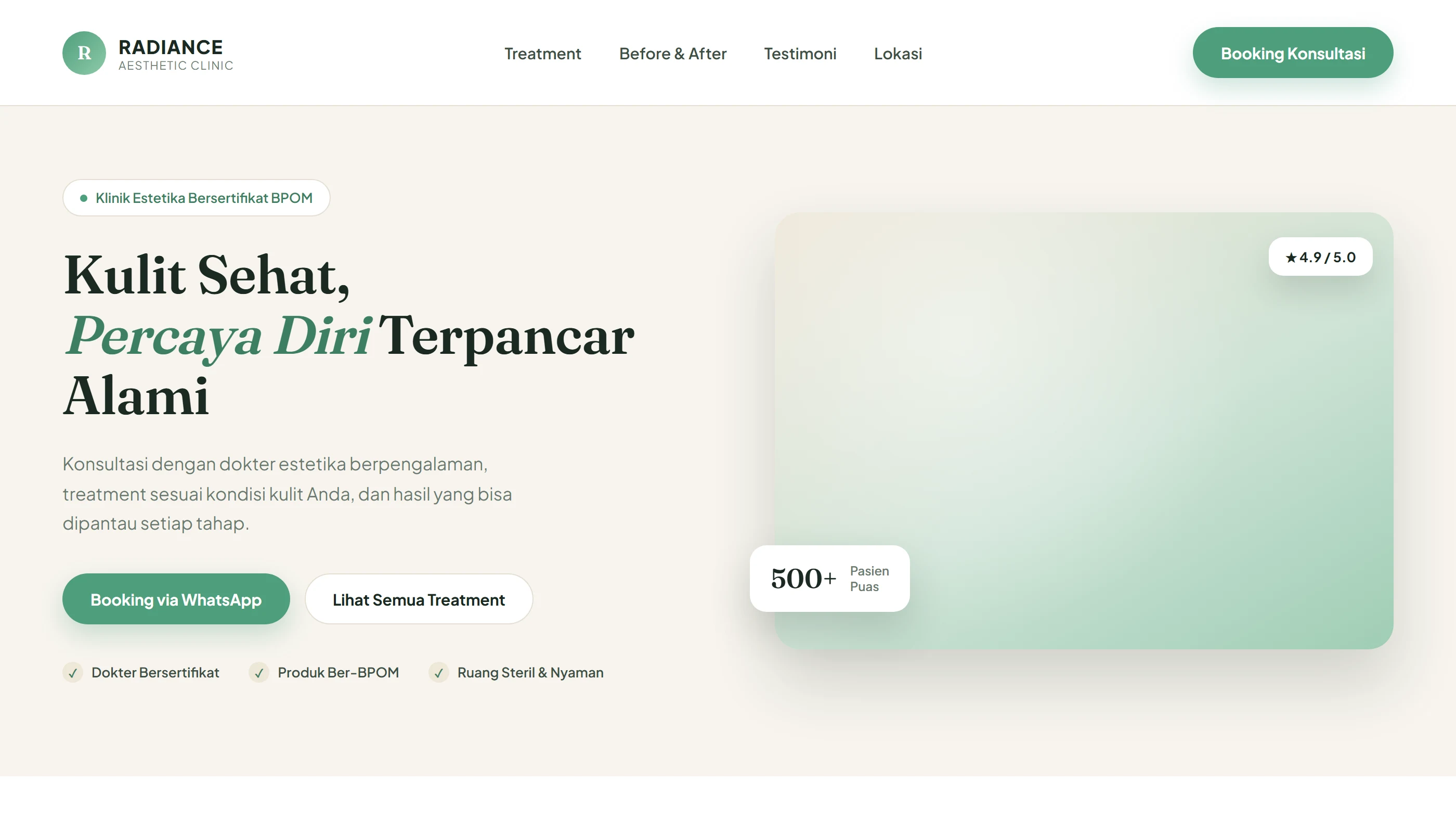 Radiance Aesthetic Clinic — Landing page klinik estetika: katalog treatment, galeri before-after, dan booking konsultasi langsung ke WhatsApp